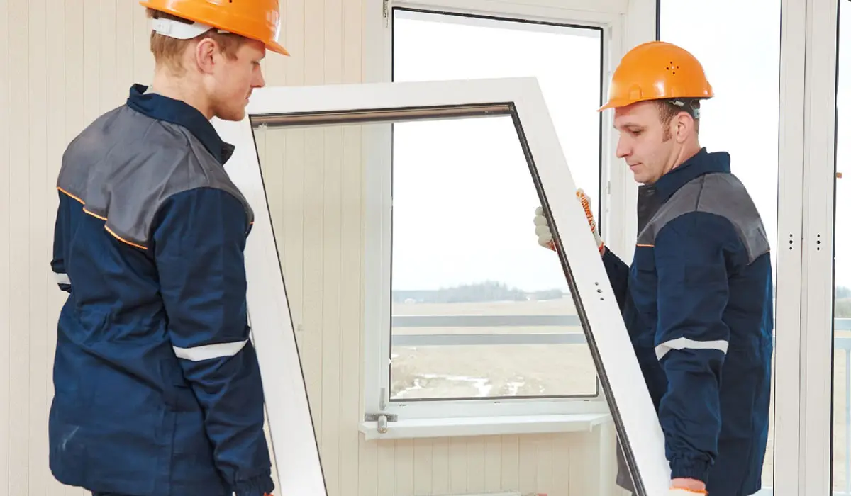 two men wearing hard hats carrying a large window pane