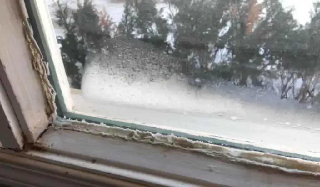 A drafty window with ice buildup on the glass, deteriorated sealant, and visible moisture damage.