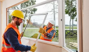 Two licensed contractors performing a window replacement in Lockport using energy-efficient glass and proper installation tools on a suburban residential property.