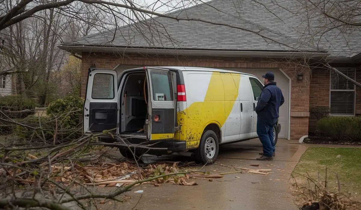 Unmarked van after a storm, representing storm chaser roofing contractor in Lockport IL scam targeting local homeowners.