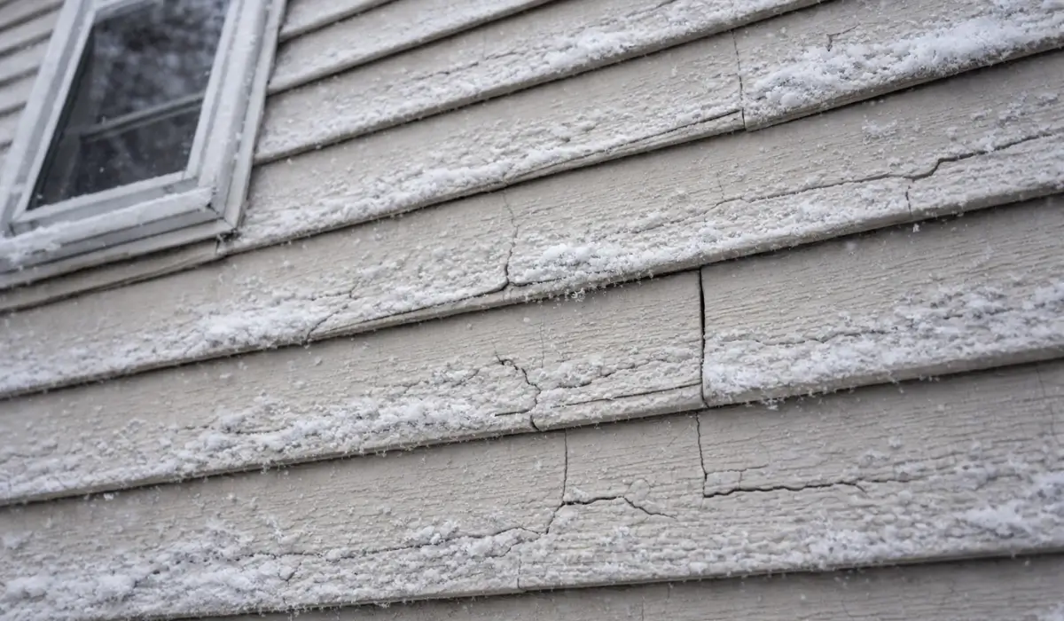 Cracked vinyl siding with frost buildup on a residential home during winter.