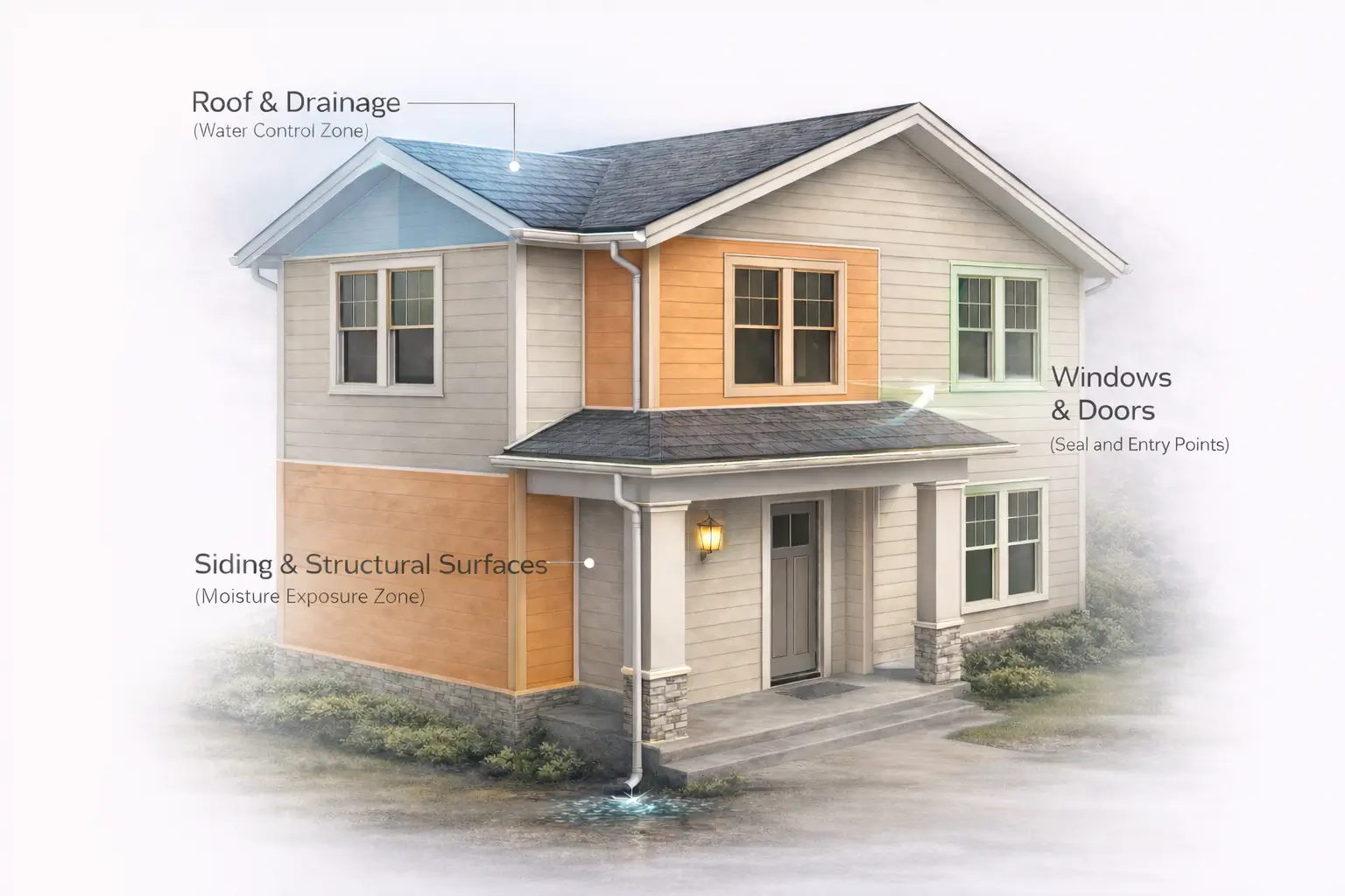 Home exterior diagram highlighting roof drainage, siding exposure zones, and windows and doors when you inspect your home exterior