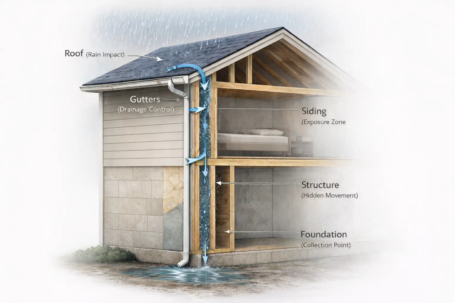 Diagram showing how water moves from roof and gutters into siding, structure, and foundation when you inspect your home exterior