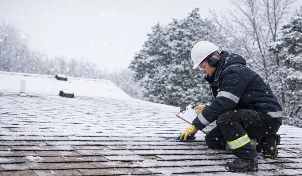 Professional winter roof inspection in Lockport preparing for spring roof repairs and seasonal maintenance.