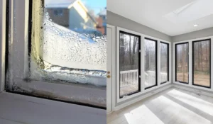 Before and after comparison of drafty window with condensation and modern energy-efficient window after professional window replacement