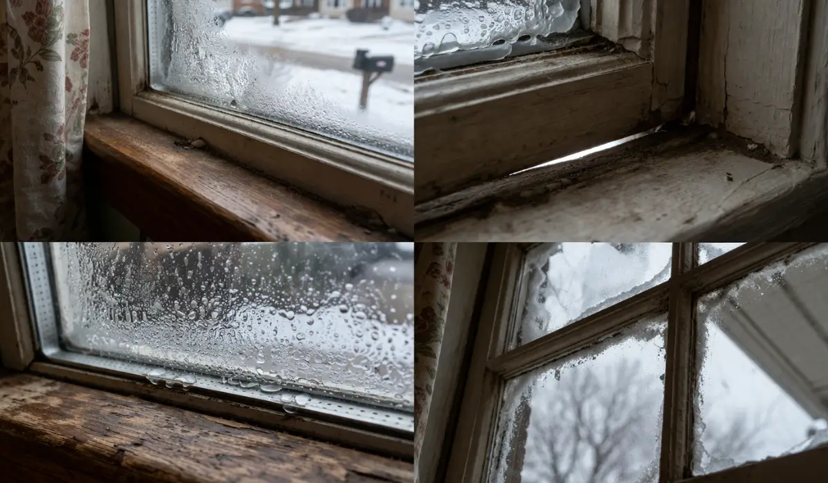 Condensation buildup, wood rot, and air gaps around old windows showing clear signs that window replacement is needed in a residential home