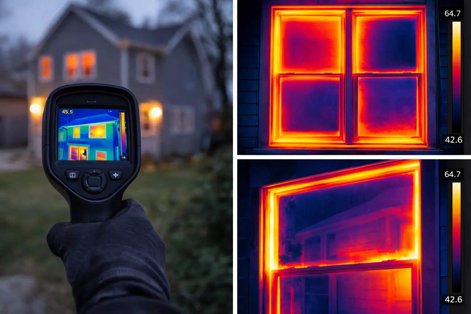 Thermal imaging camera showing heat loss around windows in a home, highlighting areas where window replacement can improve energy efficiency