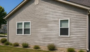 Siding Color Fading with chalky vinyl panels caused by prolonged UV exposure on residential exterior.