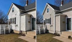 Siding Replacement before and after showing upgraded vinyl siding protecting a residential home before winter weather conditions.
