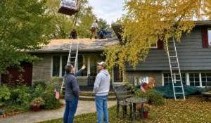 Summer Roofing Scams homeowner reviews roofing project while professional crew replaces storm-damaged residential roof in Illinois together.