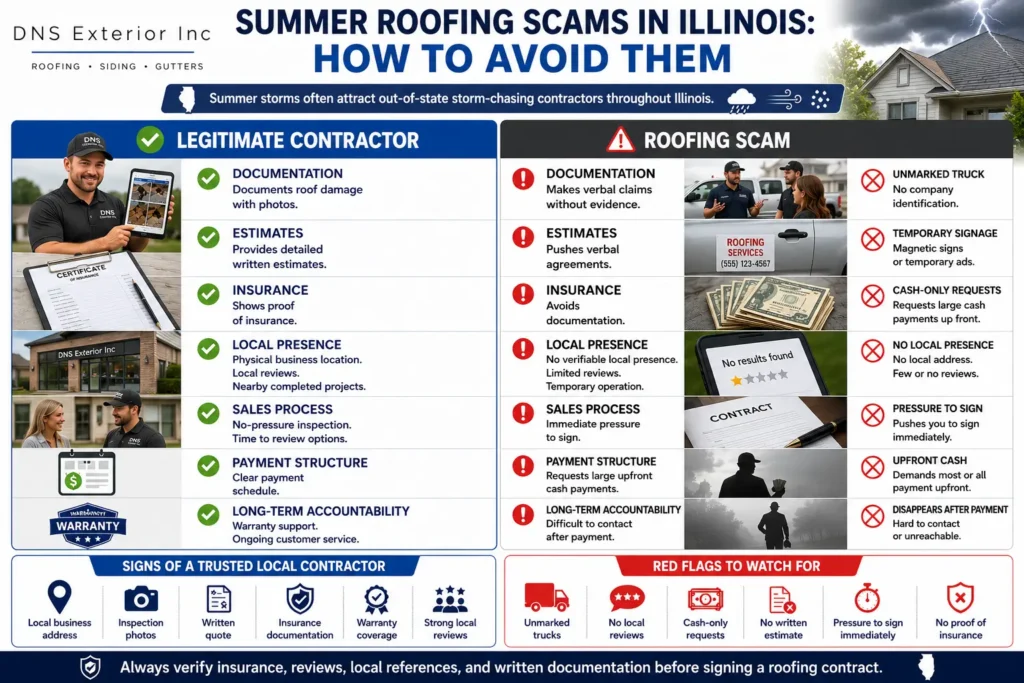 Summer Roofing Scams comparison infographic showing legitimate contractors versus scams, highlighting documentation, insurance, reviews, and warning signs.
