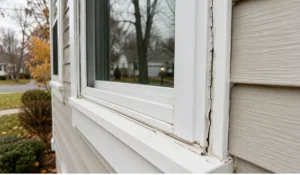 Cracked Caulking along an exterior window frame shows visible gaps and deterioration beside residential siding outside.